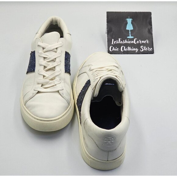 Tory Burch Women's White Leather Blue Glitter Carter Flat Sneakers Sz 11M 2661 - Picture 13 of 16